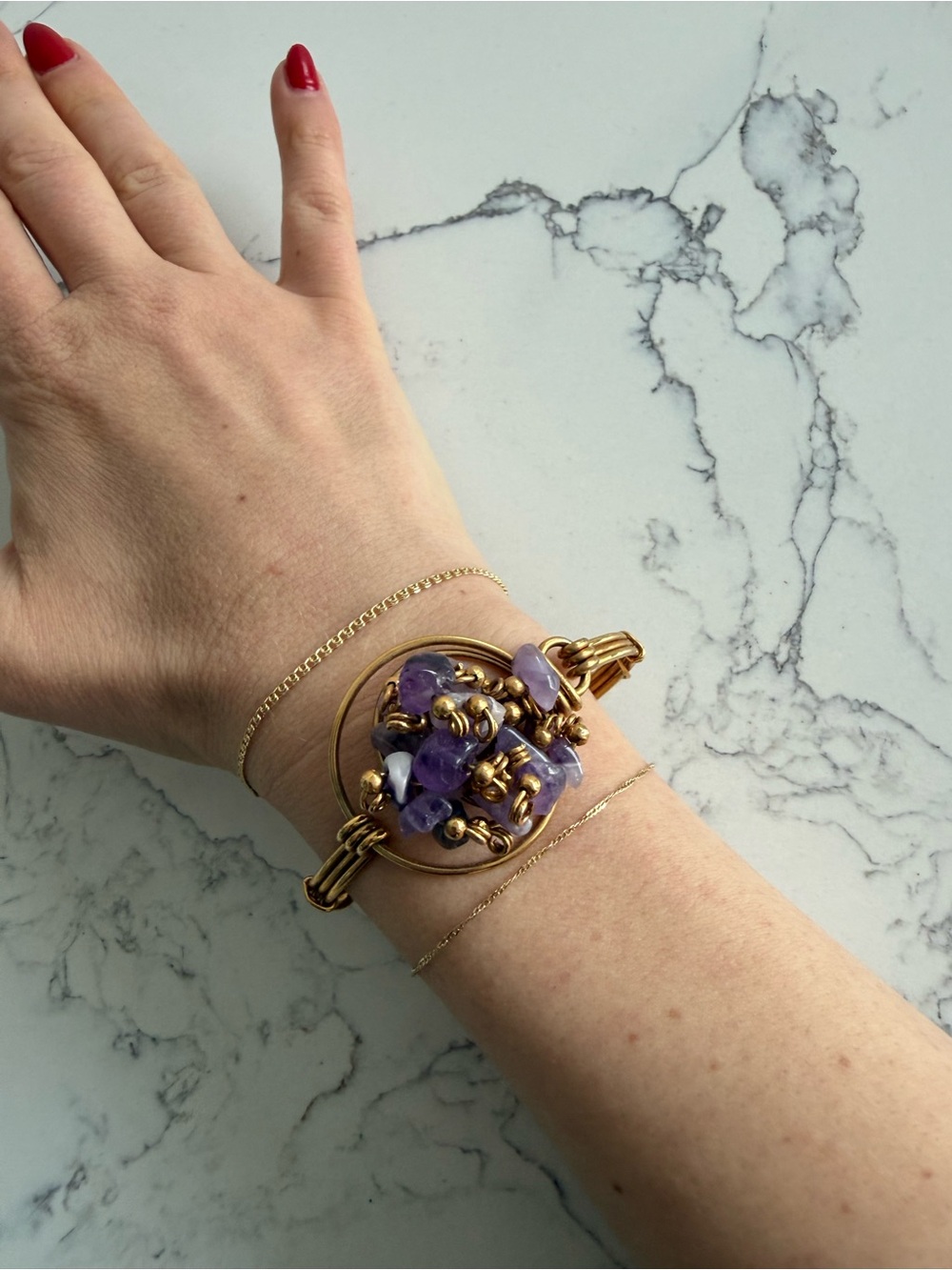Handmade Gold Wire Bangle Bracelet with Amethyst Cluster